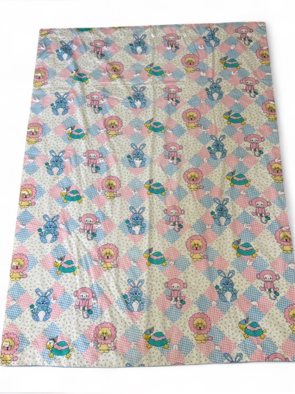 VTG Pastel Gingham Crib Quilt Puff Blanket Animals Lion Bunny Monkey 43x60‎ - Picture 2 of 4
